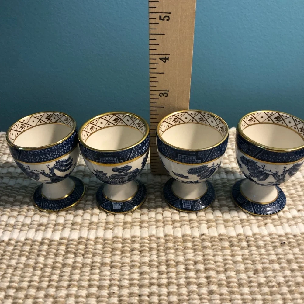 Vintage Booths England blue  and White Porcelain Egg Cups w Gold Trim - Set of 4